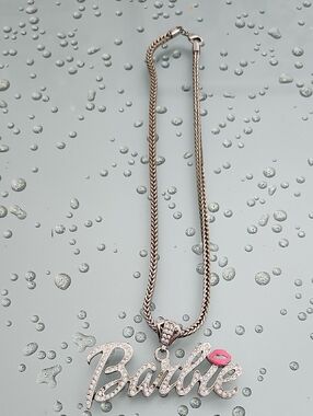 Barbie Crystal Nameplate Necklace in Silver with Pink Accent - Unbranded
